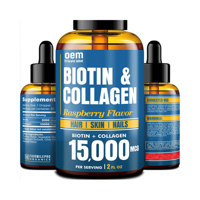 OEM Oral Liquid Biotin Collagen สำหรับการเจริญเติบโตของเส้นผมและสุขภาพผิว Drops Liquid Collagen And Biotin