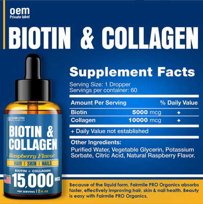 OEM Oral Liquid Biotin Collagen สำหรับการเจริญเติบโตของเส้นผมและสุขภาพผิว Drops Liquid Collagen And Biotin