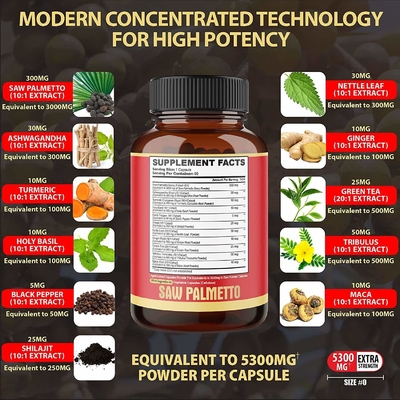 อาหารเสริมสุขภาพต่อมลูกหมาก OEM ที่มี Ashwagandha เหมาะสำหรับการเติบโตของเส้นผมของผู้ชายเห็นผงปาล์ม