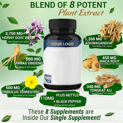 0.5g ผลิตภัณฑ์เสริมอาหารสำหรับผู้ชายสารสกัดจากสมุนไพรธรรมชาติ Tongkat Ali Power สำหรับผู้ชาย Horney Goat Weed Capsules